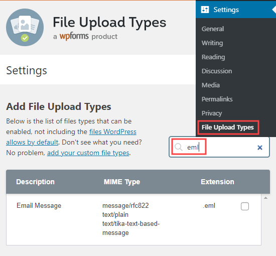Найдите тип файла, который вы хотите разрешить