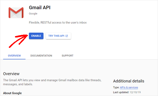 Нажмите кнопку Enable для Gmail API