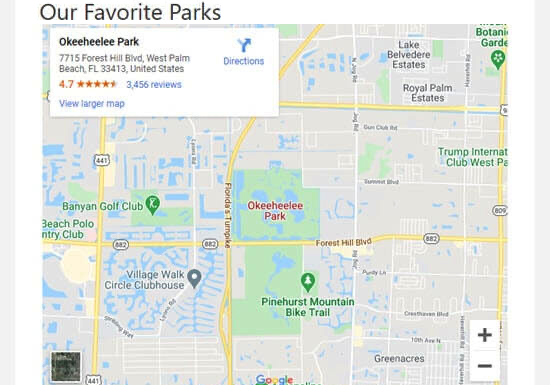 Un mapa de Google incrustado, en un sitio web de WordPress