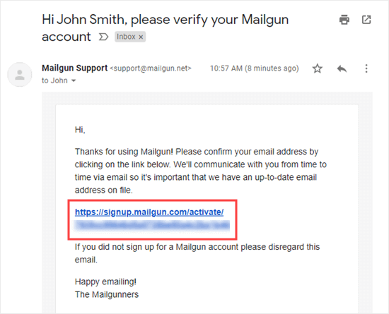 Fare clic sul collegamento per verificare il proprio indirizzo e-mail con Mailgun