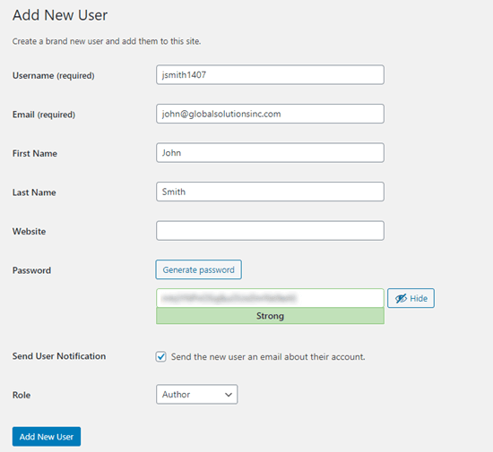 Entering the details for your new user in WordPress