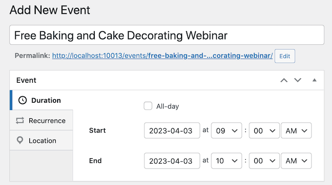 Adding a date and time to an event