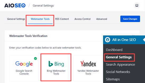 Selezionando l'opzione Bing Webmaster Tools nella pagina All in One SEO Webmaster Tools
