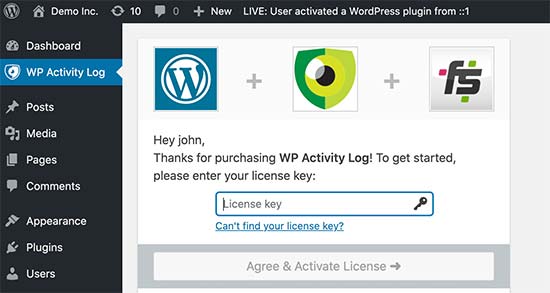 Добавьте лицензионный ключ для WP Activity Log