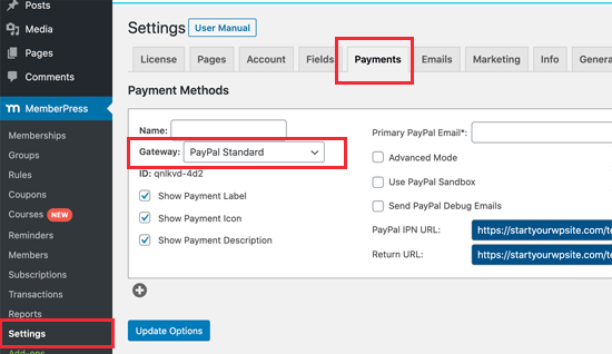MemberPress payments settings
