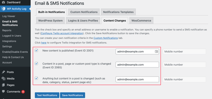 Setting up content change notifications in WP Activity Log