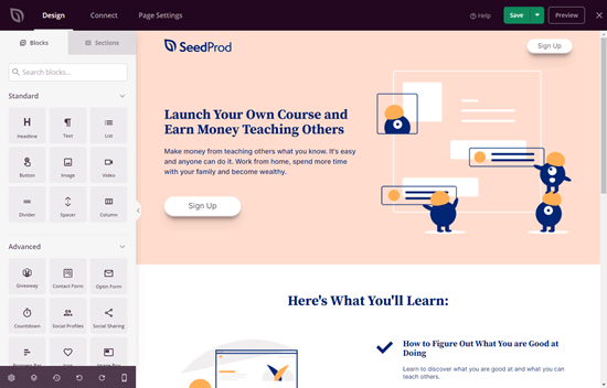 The SeedProd page builder interface