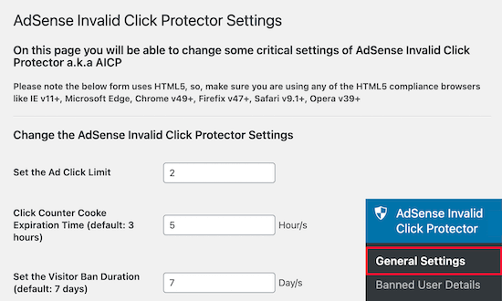 AdSense invalid click protector settings