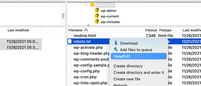Редактирование файла robots через FTP