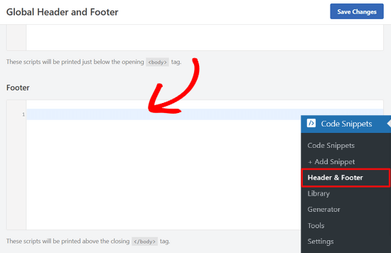 Paste code into the footer box using the WPCode plugin