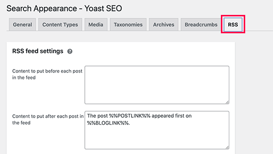 RSS settings in Yoast SEO