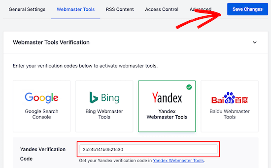 Добавить код проверки Яндекса