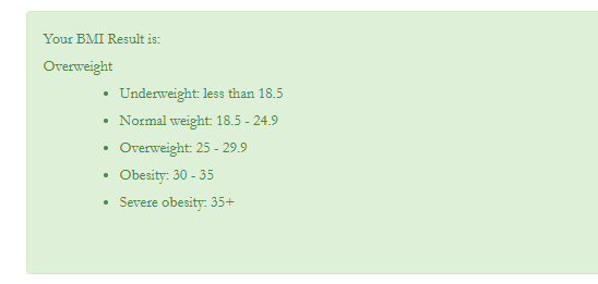 Il risultato del calcolatore BMI predefinito
