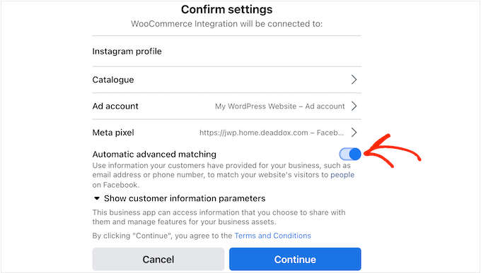 The automatic advanced matching settings for Facebook