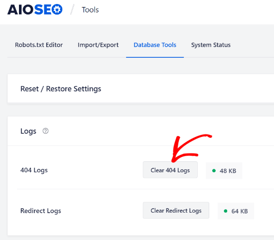 Clear 404 logs from database tools