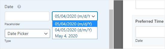 Selecting the date format from the Date Options dropdown