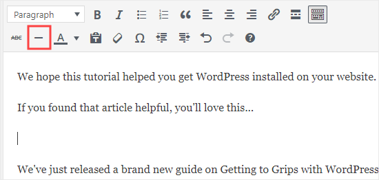 The horizontal line button in the classic WordPress editor