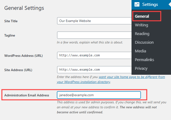 Проверка или изменение адреса электронной почты администрации WordPress