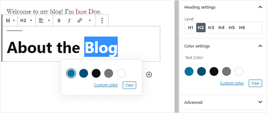 Modifica del colore del testo di un blocco di direzione in WordPress