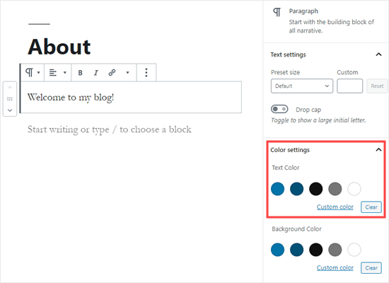 Scegliere un colore di testo per l'intero blocco in WordPress