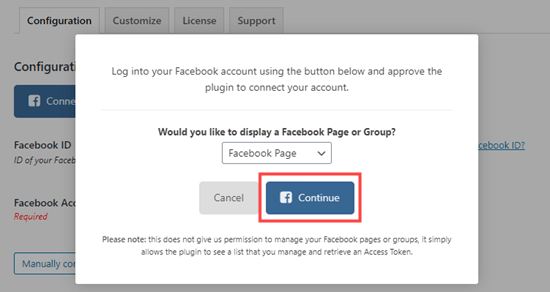 Continue connecting Facebook Feed Pro to Facebook