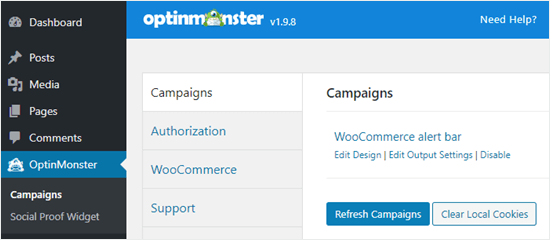 Aggiorna l'elenco delle campagne nella dashboard di WordPress