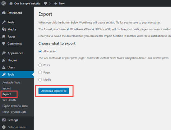 Lo strumento Esporta nella dashboard di WordPress