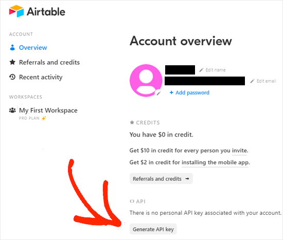 Сгенерируйте API-ключ Airtable