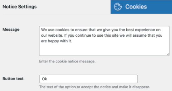 Cookie Notice Customize Message