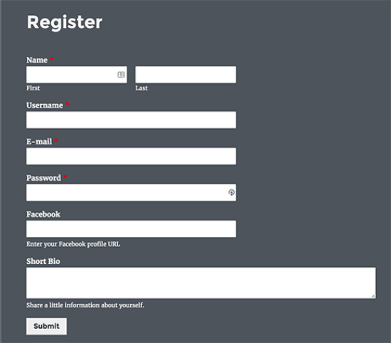 Custom registration form preview