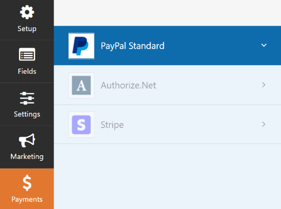 Select PayPal Standard in payment settings