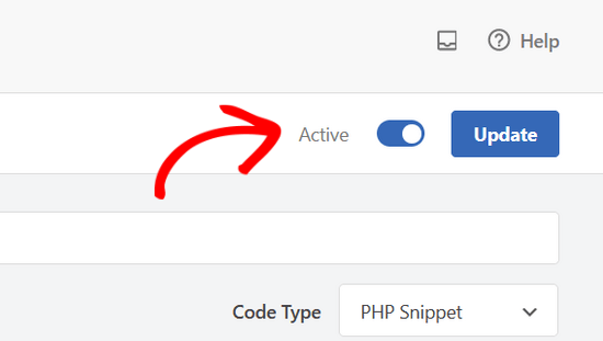 Change the snippet to Active and click Update in WPCode