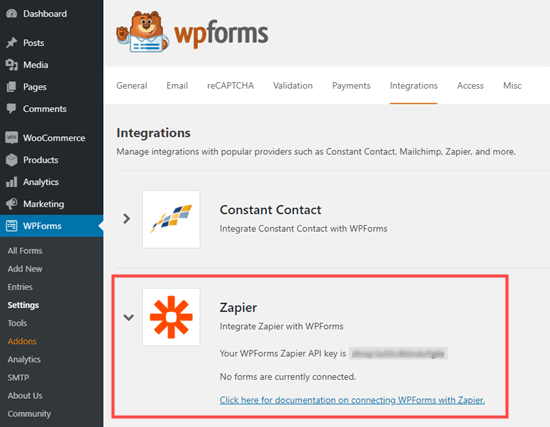 Получите API-ключ от WPForms для использования с Zapier