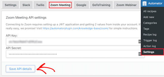 Введите API-ключи для встреч Zoom