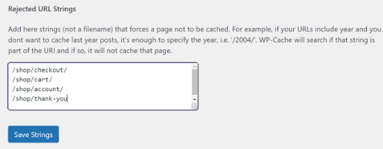 Add page URLs to remove from caching