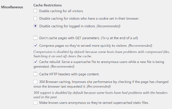 Miscellaneous advanced cache settings