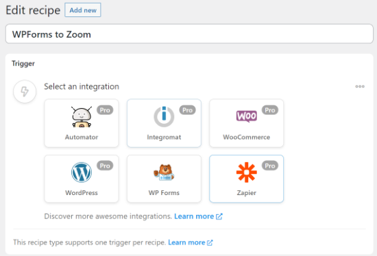 Select WPForms to integrate with Zoom