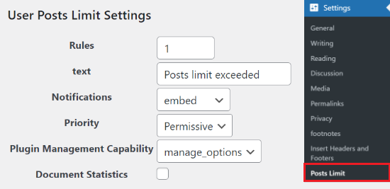 User Posts Limit settings