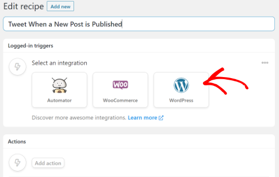 Выберите WordPress в качестве интеграции