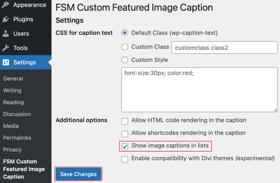 Настройки FSM Custom Featured Image Caption