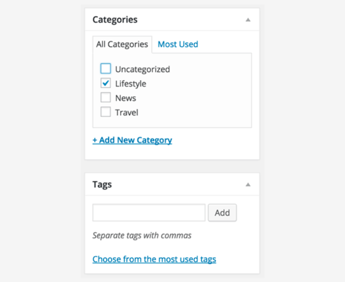 Categories and tags in classic editor