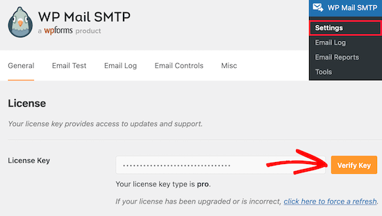 Введите лицензионный ключ WP Mail SMTP