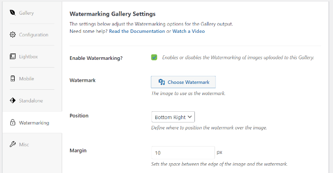 Watermarking settings