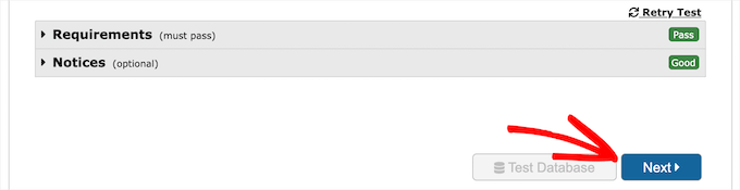 Database test and click next