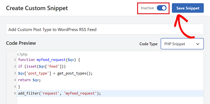 برای افزودن نوع پست سفارشی به فید RSS وردپرس، Snippet را ذخیره کنید