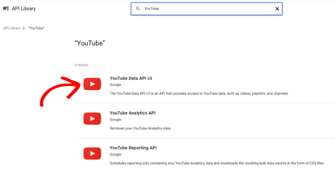 Выберите YouTube data API v3