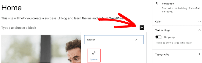 Add spacer block to page