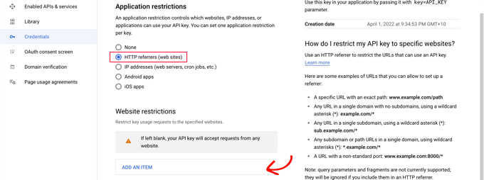 Restrict to HTTP Referrers (Web Sites)