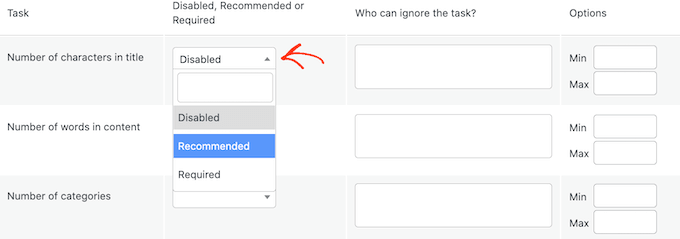 The Recommended and Required checklist dropdown