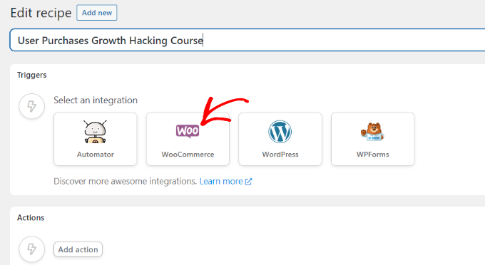 Enter a name and select WooCommerce as integration